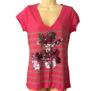 Express Pink Striped Sequin Embellished Knit Top Woman Size Medium Bedazzled